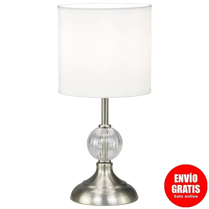 Alemar Lámpara de sobremesa Alex - 40 W, Níquel satinado, 15 x 32 cm, Color pantalla: Blanco - Lámpara de mesa con pantalla cilíndrica blanca, esfera de cristal estriado transparente y base de metal cepillado.