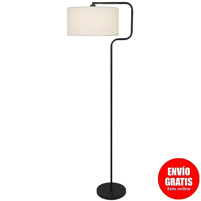 Alemar Lámpara de pie LED Olfo - 60 W, Negro, Altura: 165 cm - Lámpara de pie de metal negro con brazo curvo y pantalla de tambor de tela beige.