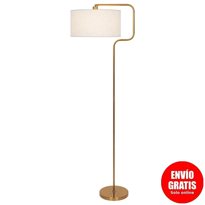 Alemar Lámpara de pie LED Olfo - 60 W, Latón, Altura: 165 cm - Lámpara de pie dorada con pantalla de tambor de tela blanca. Diseño esbelto y curvado.