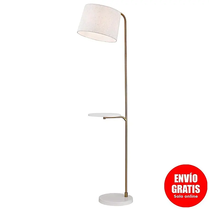 Alemar Lámpara de pie Tau - 60 W, Latón, Altura: 160 cm, Color pantalla: Beige - Lámpara de pie de latón con pantalla de tela blanca y estante blanco integrado.