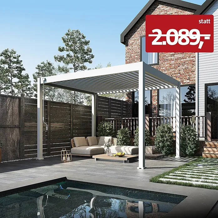 Weide Pergola Classic 3 x 3,6 M Weiß - B x T: 360 x 300 cm, Farbe Gestell: Weiß, Aluminium - Weiße Pergola mit verstellbarem Lamellendach, die einen Sitzbereich am Pool beschattet.