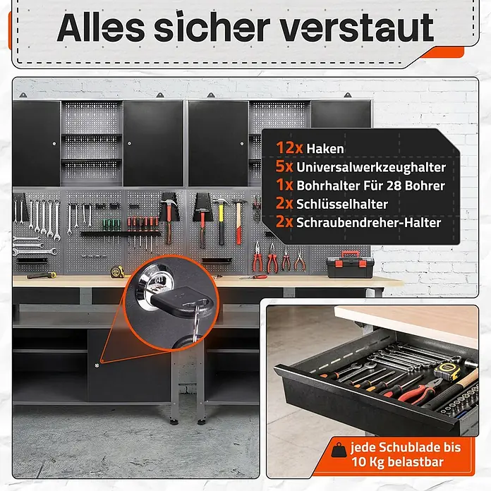 Ondis24 Werkbank-Set - Arbeitshöhe: 850 mm, Metall - Schwarze/graue Werkbank mit Holzplatte, Lochwand, Schränken und 10 kg belastbarer Schublade. Inkl. Werkzeughaltern und Schloss für sichere Aufbewahrung.