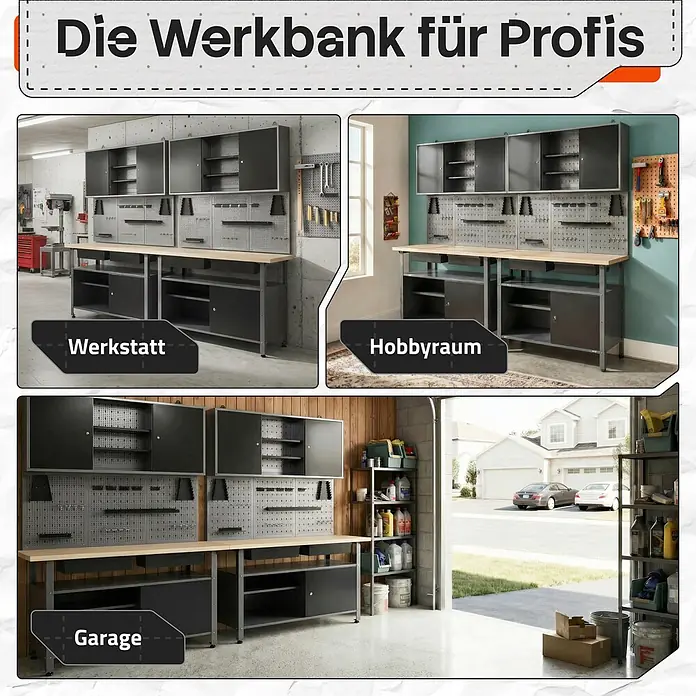 Ondis24 Werkbank-Set - Arbeitshöhe: 850 mm, Metall - Vielseitiges Werkbank-System mit dunklen Metallschränken, Holzplatte und Lochwänden, in Werkstatt, Hobbyraum und Garage gezeigt.
