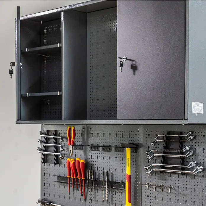 Ondis24 Werkbank-Set - Arbeitshöhe: 850 mm, Metall - Dunkelgraues Metall-Wandwerkzeug-Ordnungssystem mit Schrank, Regalen und Lochwand, zur Werkzeugaufbewahrung.