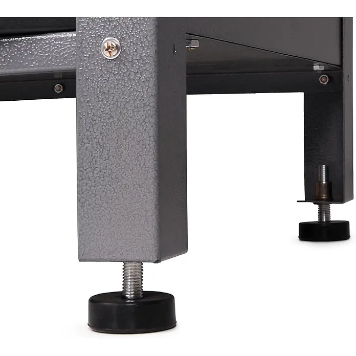 Werkstattset Fritz 120cm Werkstatteinrichtung Bluetooth -  - Zwei strukturierte graue Metallbeine mit schwarzen verstellbaren Nivellierfüßen und silbernen Gewindebolzen.