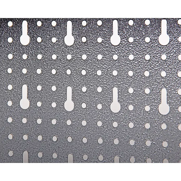 Ondis24 Werkbank-Set - L x B: 160 x 60 cm, Arbeitshöhe: 850 mm, Metall - Dunkelgraue, texturierte Lochplatte mit runden Löchern und Schlüssellochschlitzen zur Werkzeugorganisation.
