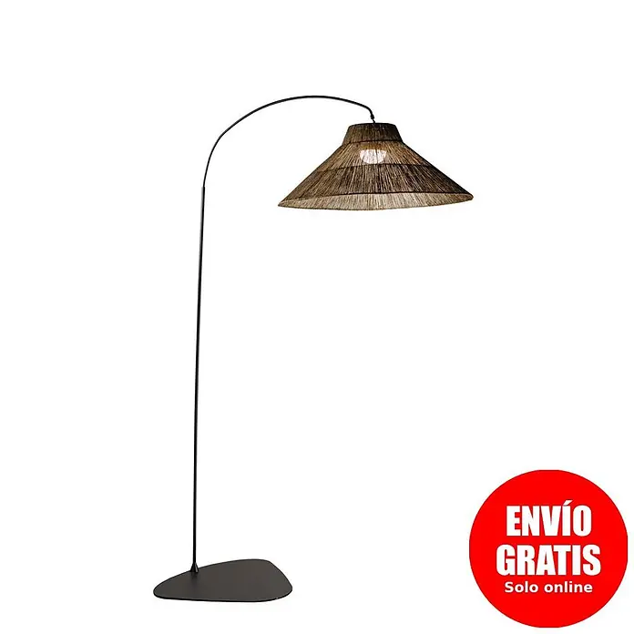 New Garden Lámpara de pie con batería Niza 230 - Marrón, 155 x 80 x 230 cm, Blanco cálido - Lámpara de pie arqueada negra con pantalla cónica de fibras naturales tejidas y base plana negra.
