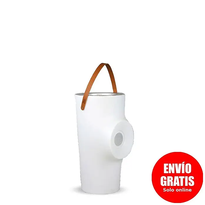 New Garden Lámpara para exterior Woody 70 - Blanco, 38 x 36 x 70 cm, RGB, Altavoz Bluetooth - Altavoz portátil cilíndrico blanco con asa de cuero marrón y rejilla de altavoz lateral.