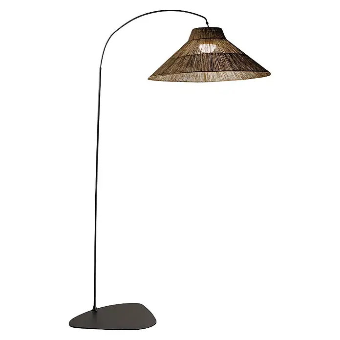 New Garden Lámpara de pie con batería Niza 230 - Marrón, 155 x 80 x 230 cm, Blanco cálido - Lámpara de pie arqueada negra con pantalla cónica tejida, iluminando hacia abajo.