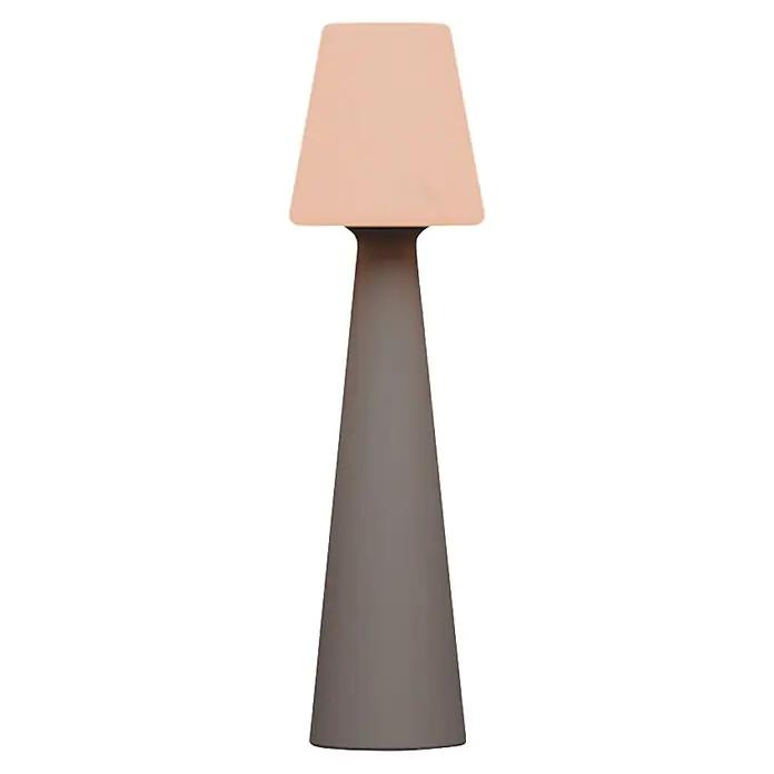 New Garden Lámpara de pie con batería Lola 165 Taupe - Taupe, Altura: 165 cm, Blanco neutro - Una lámpara moderna con pantalla trapezoidal beige claro y base cónica gris oscuro.