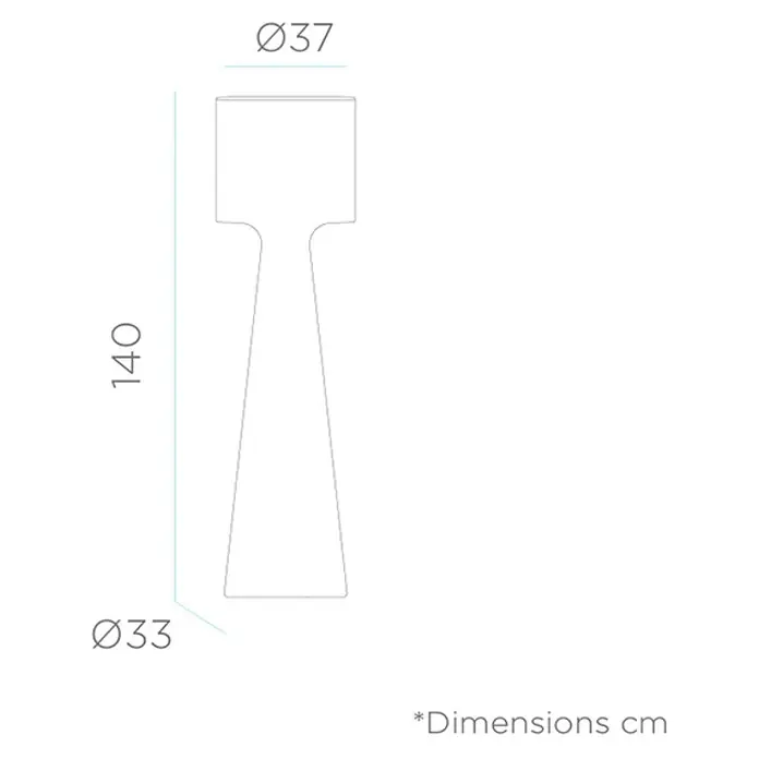 New Garden Lámpara de pie para exterior Grace 140 - Blanco cálido, Con bombillas - Dibujo técnico de una lámpara de pie, 140 cm de alto, con 37 cm de diámetro superior y 33 cm de base.