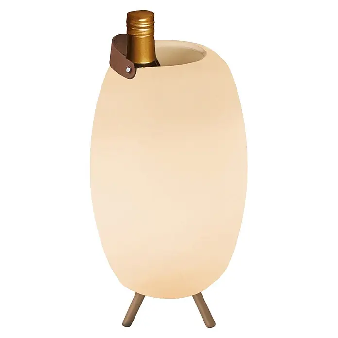 New Garden Lámpara para exterior con altavoz Apolo 45 - 6 W, Blanco, Ø x Al: 24 x 40,5 cm, RGBW, Altavoz - Nevera/lámpara con forma de huevo color crema con una botella de vino, asa marrón y patas de madera.