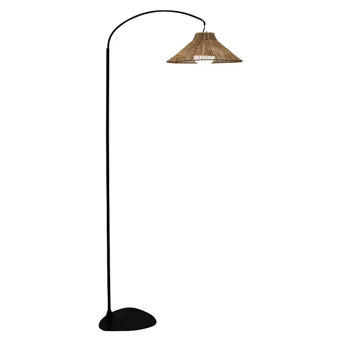 New Garden Lámpara de pie con batería Niza 165 - Marrón, 73 x 40 x 167 cm, Blanco cálido - Lámpara de pie de arco negra con pantalla tejida natural.