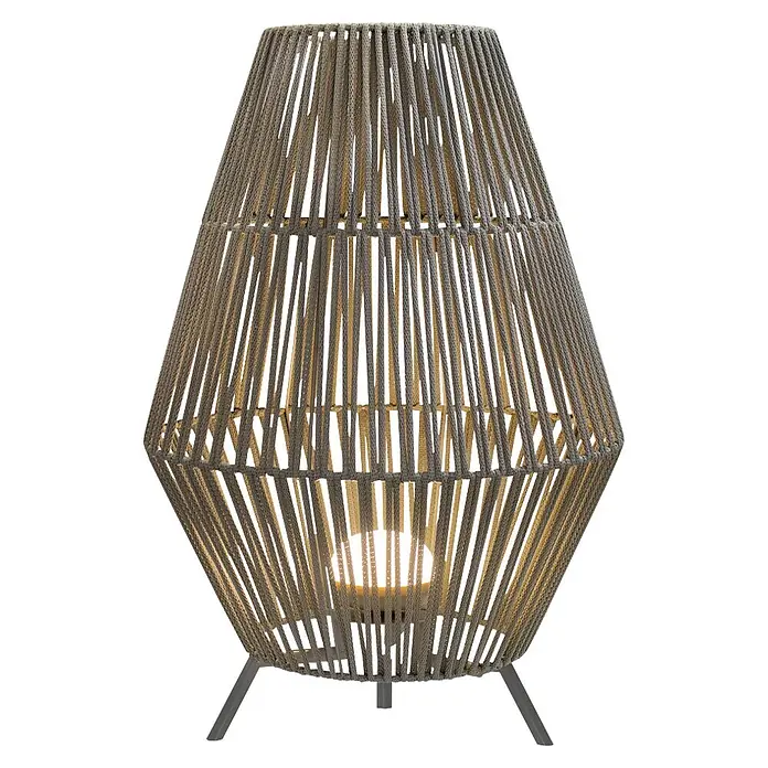 New Garden Conta Lámpara de pie para exterior 70 - 9 W, Blanco cálido, 48 x 48 x 72 cm, Con bombillas - Lámpara de pie hexagonal con pantalla de cuerda tejida gris-beige, que muestra una bombilla luminosa visible y tres patas oscuras.