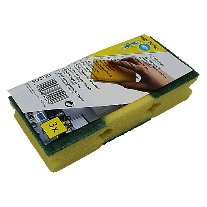 Topfreiniger - 9 x 6,5 x 4 cm, 3 Stk. - Küchenschwamm mit Scheuervlies und Verpackung der Marke Peggy Perfect mit Reinigungshinweisen und Inhaltsangabe.