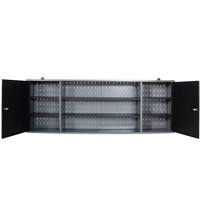 Ondis24 Werkbank-Set - L x B: 160 x 60 cm, Arbeitshöhe: 850 mm, Metall - Offener grauer Metallwandschrank mit mehreren Ablagen und Lochplatteninnenraum.
