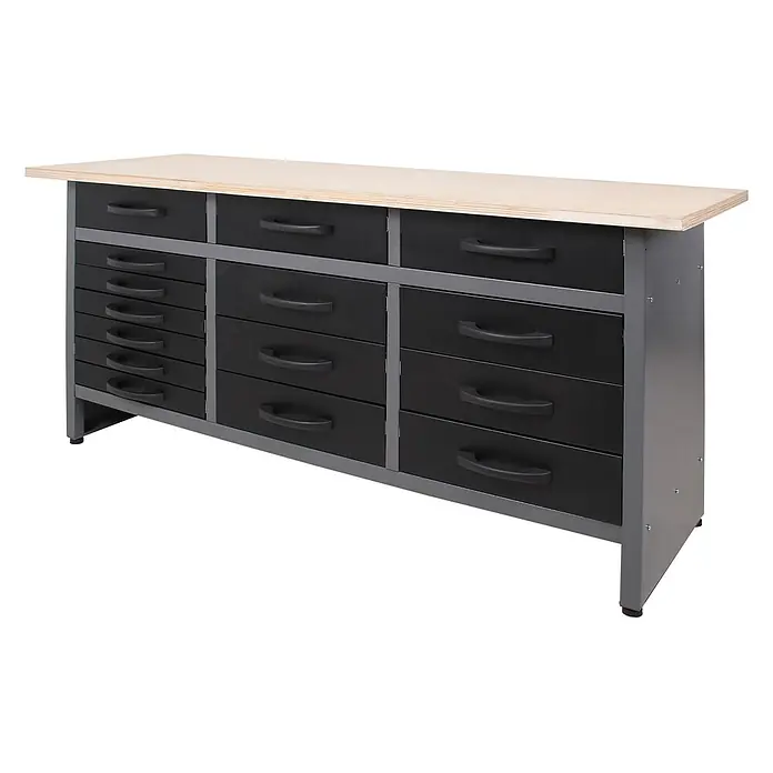 Ondis24 Werkbank-Set - L x B: 160 x 60 cm, Arbeitshöhe: 850 mm, Metall - Werkbank mit heller Holzplatte, grauem Metallrahmen und mehreren schwarzen Schubladen.