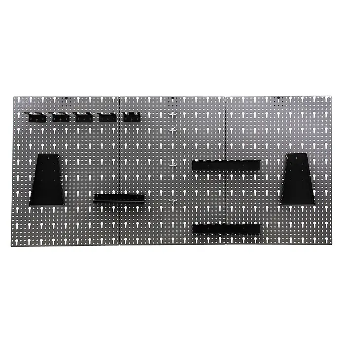 Ondis24 Werkbank-Set - L x B: 160 x 60 cm, Arbeitshöhe: 850 mm, Metall - Graue Metall-Lochwand mit verschiedenen schwarzen Haltern und silbernen Haken zur Werkzeugorganisation.