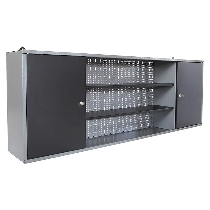 Ondis24 Werkbank-Set - L x B: 160 x 60 cm, Arbeitshöhe: 850 mm, Metall - Grauer Metall-Wandschrank mit schwarzen Schiebetüren, Einlegeböden und perforierten Rückwänden.