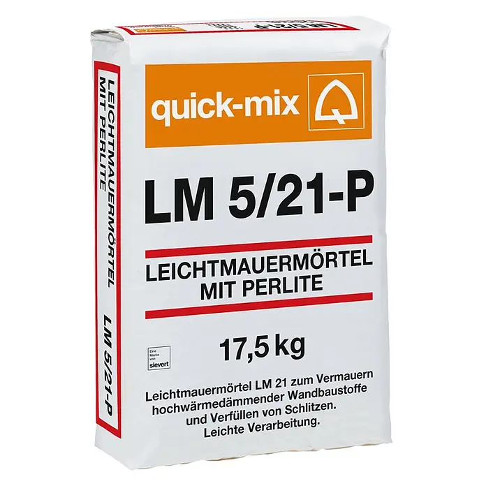 Quick-Mix Leichtmauermörtel LM 21-P - 17,5 kg - Weißer quick-mix Sack LM 5/21-P Leichtmauermörtel mit Perlite, 17,5 kg, zum Vermauern wärmedämmender Baustoffe.