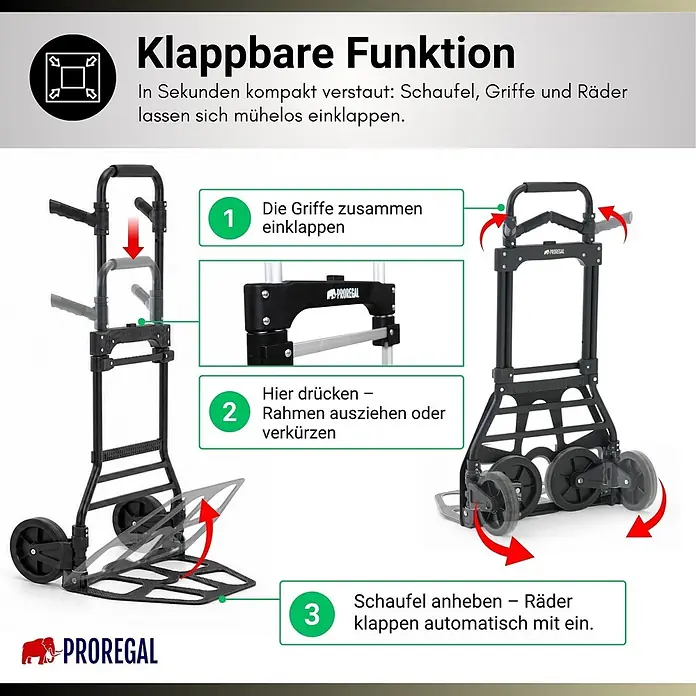 Proregal Sackkarre ELEPHANT 150 aus Aluminium mit klappbarer Schaufel & Vollgummibereifung - Aluminium, Traglast: 150 kg - Schwarze klappbare Sackkarre, die ihren kompakten Klappmechanismus zeigt, inklusive Griffe, Rahmen und Räder, die zur Lagerung einklappen.