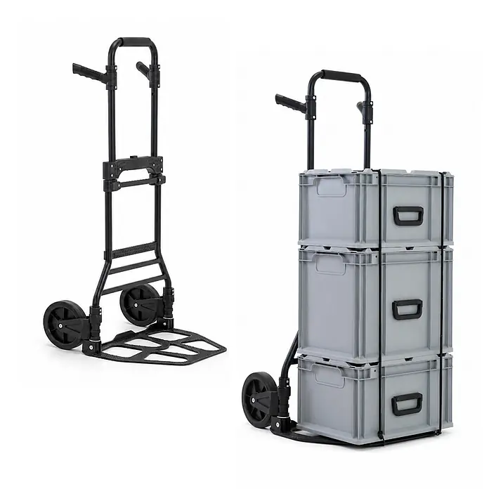 Proregal Sackkarre ELEPHANT 150 aus Aluminium mit klappbarer Schaufel & Vollgummibereifung - Aluminium, Traglast: 150 kg - Schwarze faltbare Sackkarre mit ausziehbarem Griff, leer und beladen mit drei grauen Stapelboxen gezeigt.