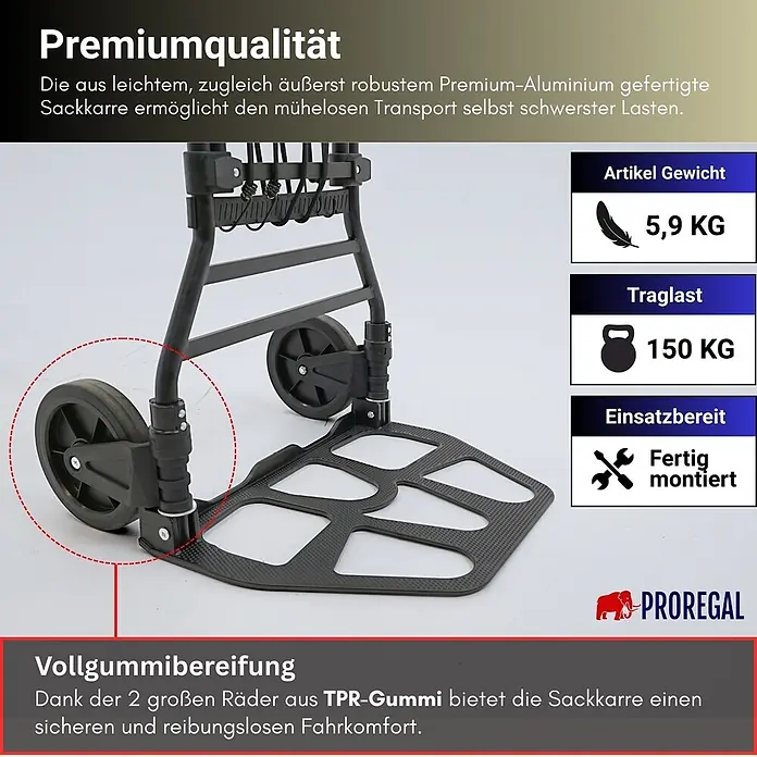 Proregal Sackkarre ELEPHANT 150 aus Aluminium mit klappbarer Schaufel & Vollgummibereifung - Aluminium, Traglast: 150 kg - Schwarze Premium-Aluminium Sackkarre mit TPR-Vollgummireifen. Leicht (5,9 kg), robust und für Lasten bis 150 kg ausgelegt.