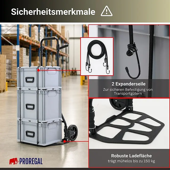 Proregal Sackkarre ELEPHANT 150 aus Aluminium mit klappbarer Schaufel & Vollgummibereifung - Aluminium, Traglast: 150 kg - Faltbarer Sackkarren mit drei grauen Transportboxen in einem Lager, gesichert mit Expanderseilen und robuster Ladefläche bis 150 kg.