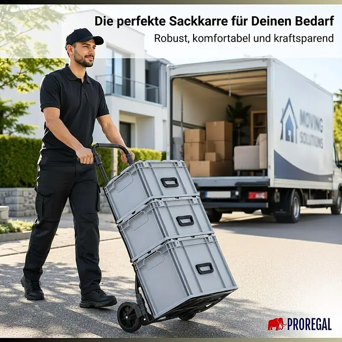 Proregal Sackkarre ELEPHANT 150 aus Aluminium mit klappbarer Schaufel & Vollgummibereifung - Aluminium, Traglast: 150 kg - Mann schiebt eine graue Sackkarre mit drei gestapelten grauen Kisten, ideal für Umzug und Transport.