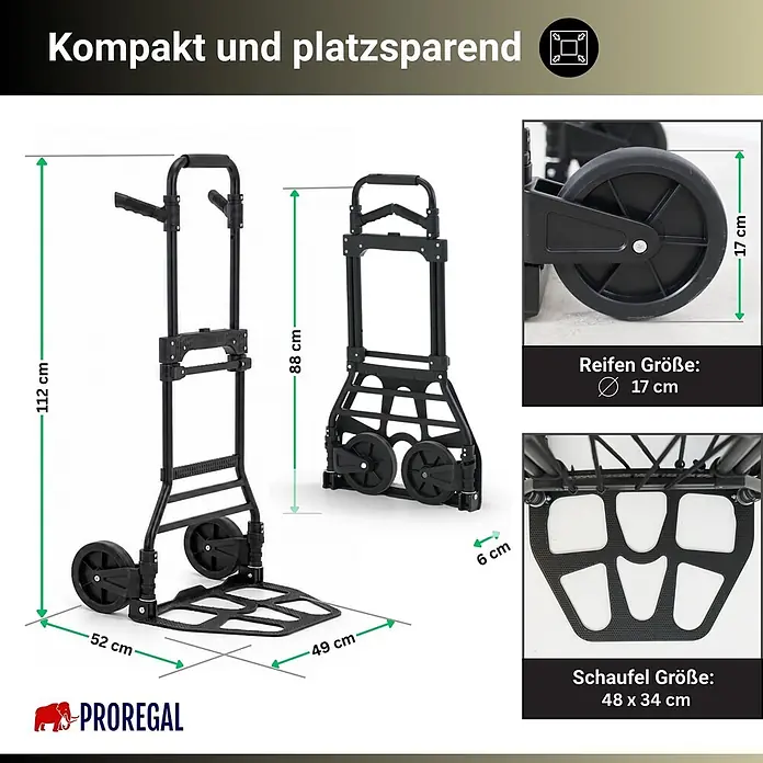 Proregal Sackkarre ELEPHANT 150 aus Aluminium mit klappbarer Schaufel & Vollgummibereifung - Aluminium, Traglast: 150 kg - Kompakte, platzsparende, schwarze klappbare Sackkarre: ausgeklappt 112cm, geklappt 88cm (6cm Tiefe). Schaufel 48x34cm, Räder 17cm.