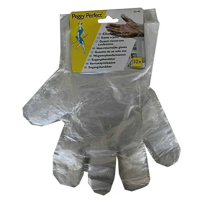Einmalhandschuhe - Universal, Transparent, Polyester, 10 Stk. - Einweg-Handschuhe von Peggy Perfect, 10 Stück, ideal für Reinigungsarbeiten oder den Umgang mit Lebensmitteln. Praktisch und hygienisch.