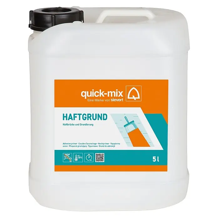 Quick-Mix Haftgrund - 5 l, Materialeignung: Beton - Weißer 5-Liter Kunststoffkanister quick-mix HAFTGRUND Haftgrund mit orange-türkisem Etikett.