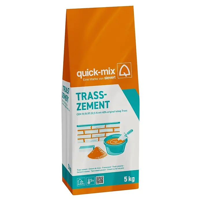 Quick-Mix Trasszement - 5 kg, Chromatarm - Orange-weißer Sack quick-mix TRASS-ZEMENT mit Produktdetails und Illustrationen.