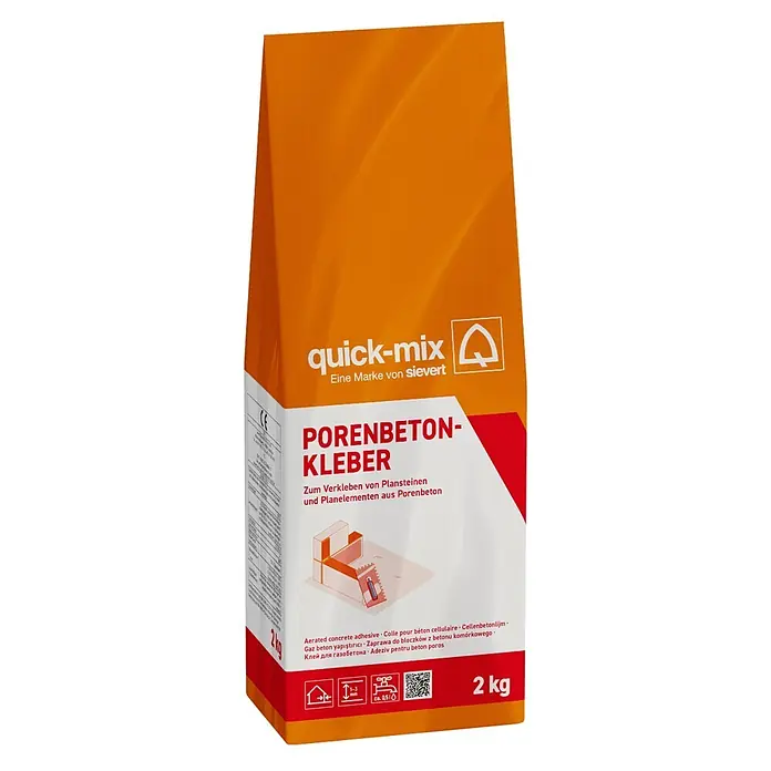 Quick-Mix Porenbetonkleber - 2 kg - quick-mix Porenbeton-Kleber in einem 2 kg orange-weißen Sack zum Verkleben von Plansteinen und Planelementen aus Porenbeton.