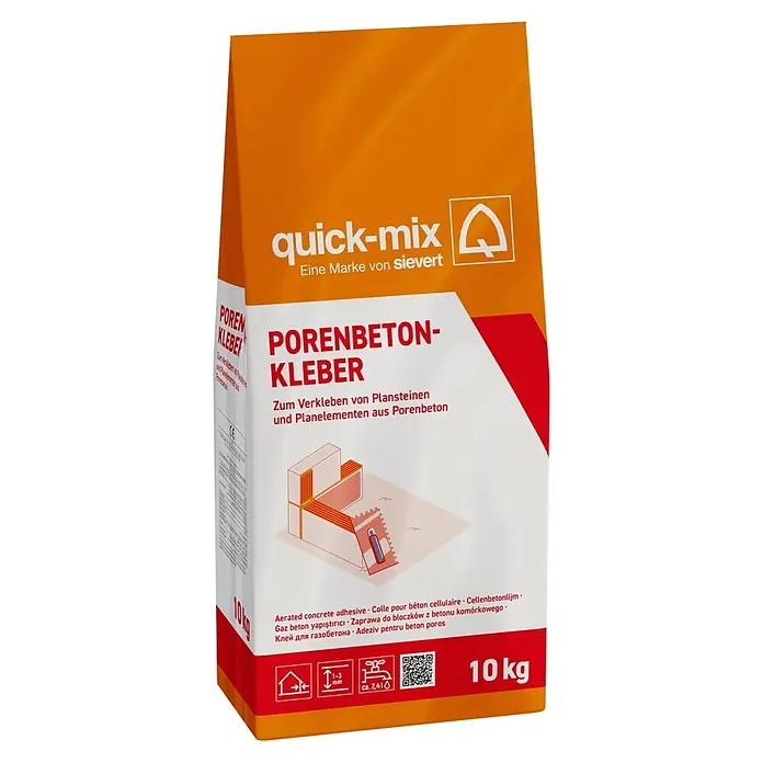 Quick-Mix Porenbetonkleber - 10 kg - Orange-weißer 10-kg-Sack quick-mix Porenbeton-Kleber, mit Abbildung von Klebearbeiten und Werkzeugen.