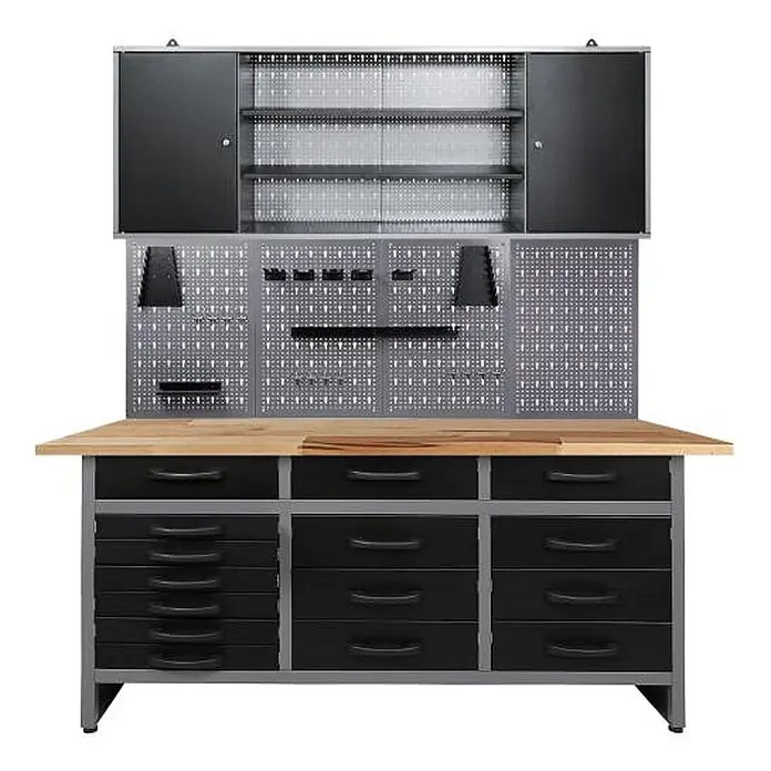 Ondis24 Werkbank-Set - L x B: 160 x 60 cm, Arbeitshöhe: 850 mm, Metall - Robuste Werkbank aus grauem Metall mit Holzplatte, schwarzen Schubladen, Oberschränken und Lochwand zur Werkzeugaufbewahrung.