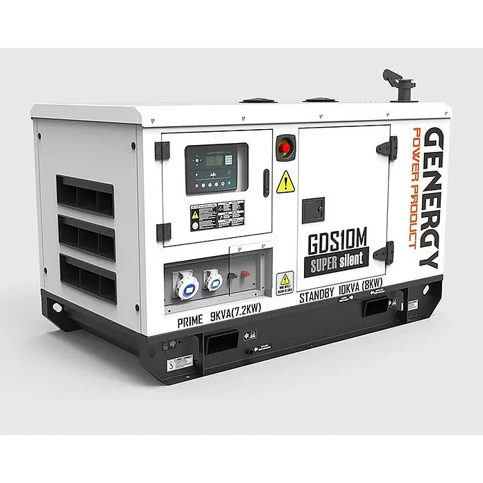 Genergy Stromerzeuger 10kVA Netzersatzanalage Diesel 230V - IP23 Silent Genergy GDS10M - Nennleistung: 7,2 kW, Tankvolumen: 35 l - Weiß-schwarzer GENERGY GDS10M Super Silent Dieselgenerator mit Bedienfeld und Steckdosen, 9kVA Leistung.