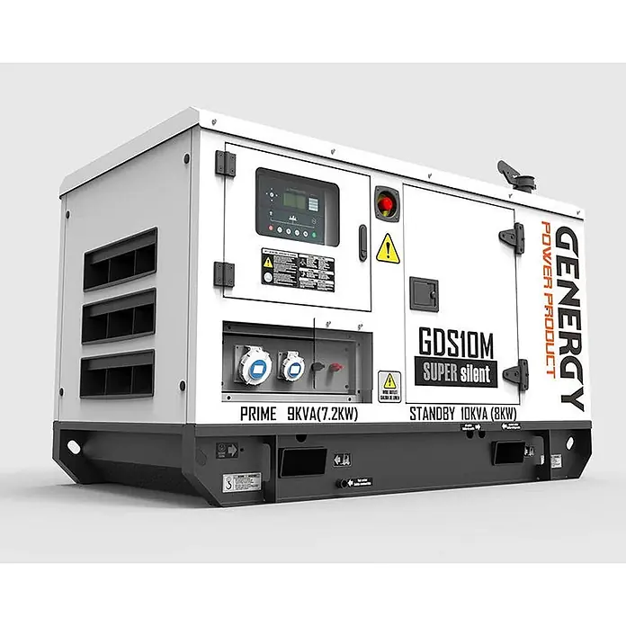 Genergy Stromerzeuger 10kVA Netzersatzanalage Diesel 230V - IP23 Silent Genergy GDS10M - Nennleistung: 7,2 kW, Tankvolumen: 35 l - Weiß-schwarzer GENERGY GDS10M "SUPER silent" Dieselgenerator mit Bedienfeld und Steckdosen.