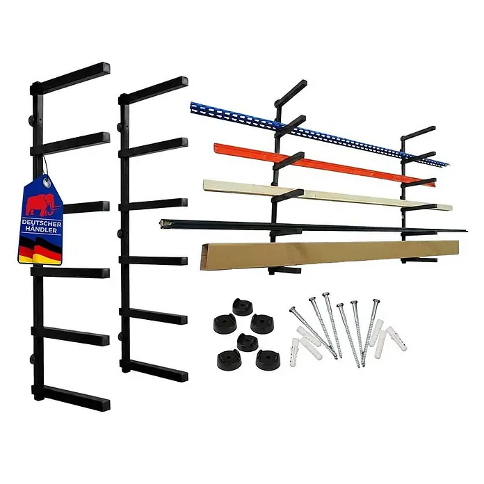 Kragarmregal Wandmontage schwerlast 50 kg 6 Ebenen Schwarz 2 Stück -  - Schwarzes modulares Wandlagerregal mit mehreren Ebenen für Holz und lange Gegenstände, mit Befestigungsmaterial.