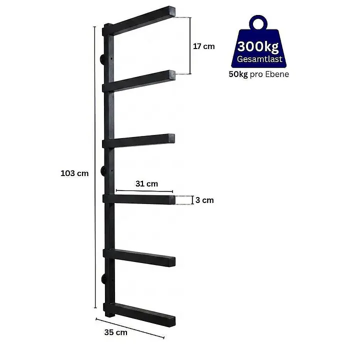 Kragarmregal Wandmontage schwerlast 50 kg 6 Ebenen Schwarz 2 Stück -  - Schwarzes wandmontiertes Mehrfach-Ablageregal mit Maßen und Tragkraft.