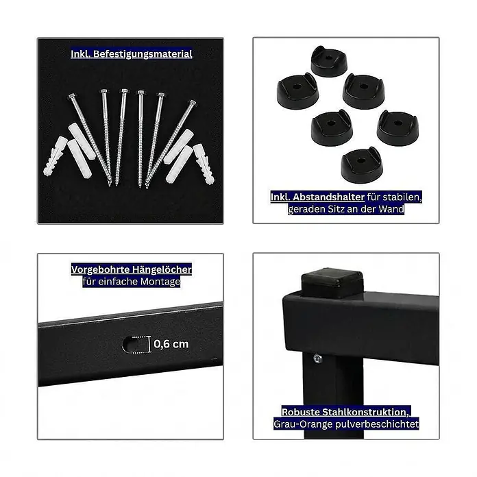 Kragarmregal Wandmontage schwerlast 50 kg 6 Ebenen Schwarz 2 Stück -  - Befestigungsmaterial, Abstandshalter, vorgebohrte 0,6cm Löcher und robuste grau-orange pulverbeschichtete Stahlkonstruktion.