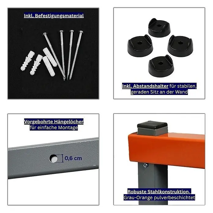Proregal Kragarmregal Wandmontage mit 3 Ebenen Garage Organize - Traglast pro Träger: 50 kg, Grau/Orange - Robuste grau-orange Stahlkonstruktion mit vorgebohrten Löchern, inkl. Befestigungsmaterial und Wandabstandshaltern für stabile Montage.