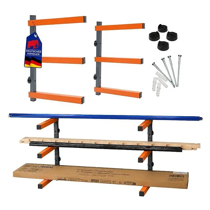 Proregal Kragarmregal Wandmontage mit 3 Ebenen Garage Organize - Traglast pro Träger: 50 kg, Grau/Orange - Graues und oranges Wand-Kragarmregal-System, zerlegt mit Montagematerial und montiert mit verschiedenen Materialien gezeigt.