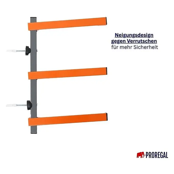 Proregal Kragarmregal Wandmontage mit 3 Ebenen Garage Organize - Traglast pro Träger: 50 kg, Grau/Orange - Wandmontiertes Kragarmregal mit drei orangefarbenen Armen und grauem Träger, neigend für sichere Lagerung.