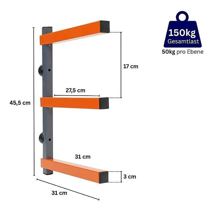 Proregal Kragarmregal Wandmontage mit 3 Ebenen Garage Organize - Traglast pro Träger: 50 kg, Grau/Orange - Graues Wandregal mit drei orangefarbenen Ablagearmen, zeigt Maße und eine Gesamtlast von 150kg.