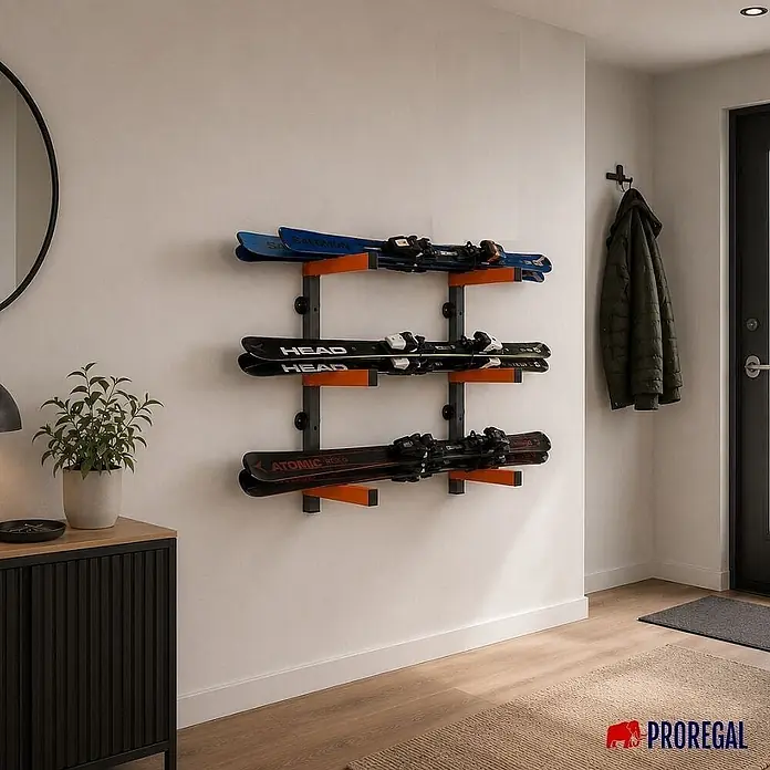 Proregal Kragarmregal Wandmontage mit 3 Ebenen Garage Organize - Traglast pro Träger: 50 kg, Grau/Orange - Wandmontiertes Skiregal in Schwarz und Orange, das drei Paar Skier im Eingangsbereich hält.