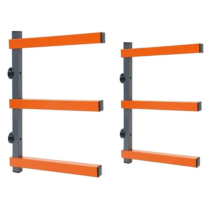 Proregal Kragarmregal Wandmontage mit 3 Ebenen Garage Organize - Traglast pro Träger: 50 kg, Grau/Orange - Zwei orange-graue Wandregale, jeweils mit drei Auslegerarmen, zur organisierten Lagerung langer Gegenstände.