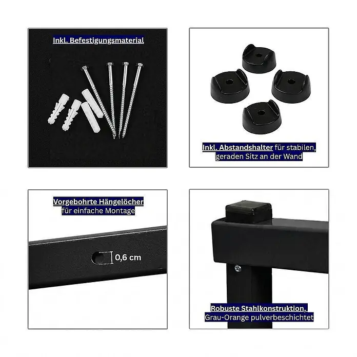 Proregal Kragarmregal Wandmontage mit 3 Ebenen Garage Organize - Traglast pro Träger: 50 kg, Schwarz - Grau-orange pulverbeschichtete Stahlkonstruktion mit vorgebohrten Löchern (0,6 cm), inkl. Befestigungsmaterial und Abstandshaltern für stabile Wandmontage.