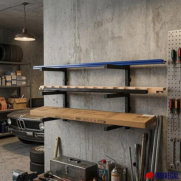 Proregal Kragarmregal Wandmontage mit 3 Ebenen Garage Organize - Traglast pro Träger: 50 kg, Schwarz - Schwarze Metallregalhalterungen mit blauen und Holzregalen an einer Betonwand in einer Garage, bieten robusten Stauraum.
