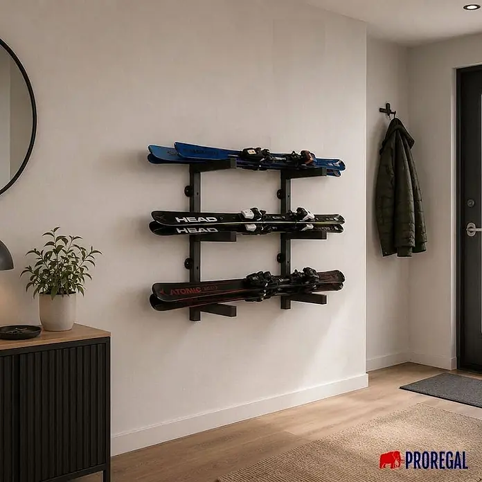 Proregal Kragarmregal Wandmontage mit 3 Ebenen Garage Organize - Traglast pro Träger: 50 kg, Schwarz - Schwarzes Wand-Skiregal aus Metall, das drei Paar Skier in einem modernen Eingangsbereich lagert.